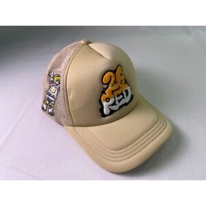 26 Red Astronaut Cat Trucker Hat Tan Snapback Mesh Cap Skate Streetwear Retro OS